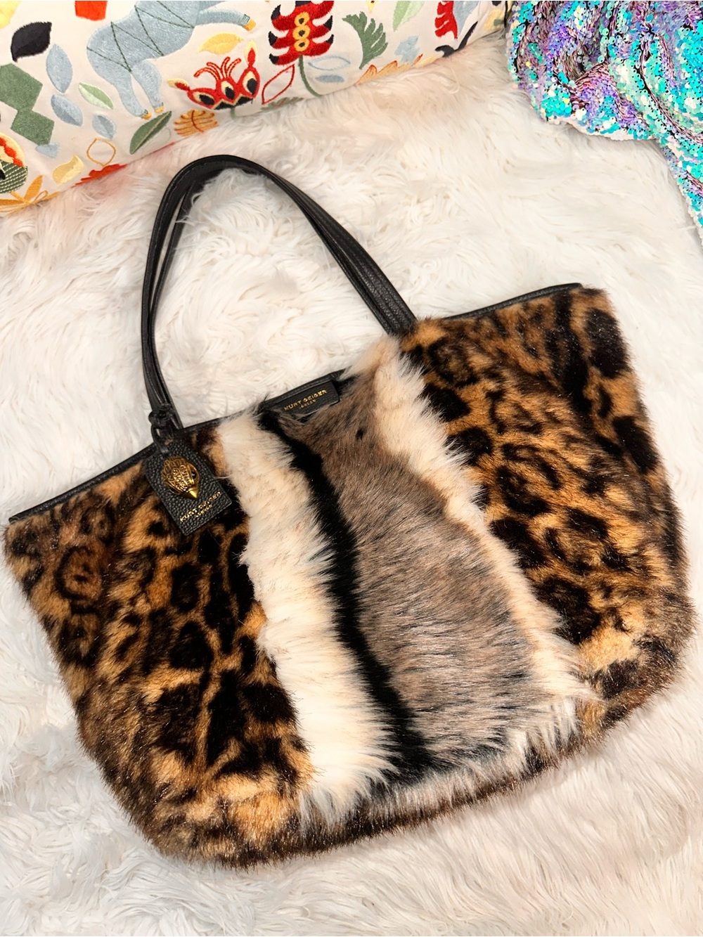 Kurt Geiger • Leopard Print Faux Fur and Leather Poppy Tote Caryall - Picture 3 of 16